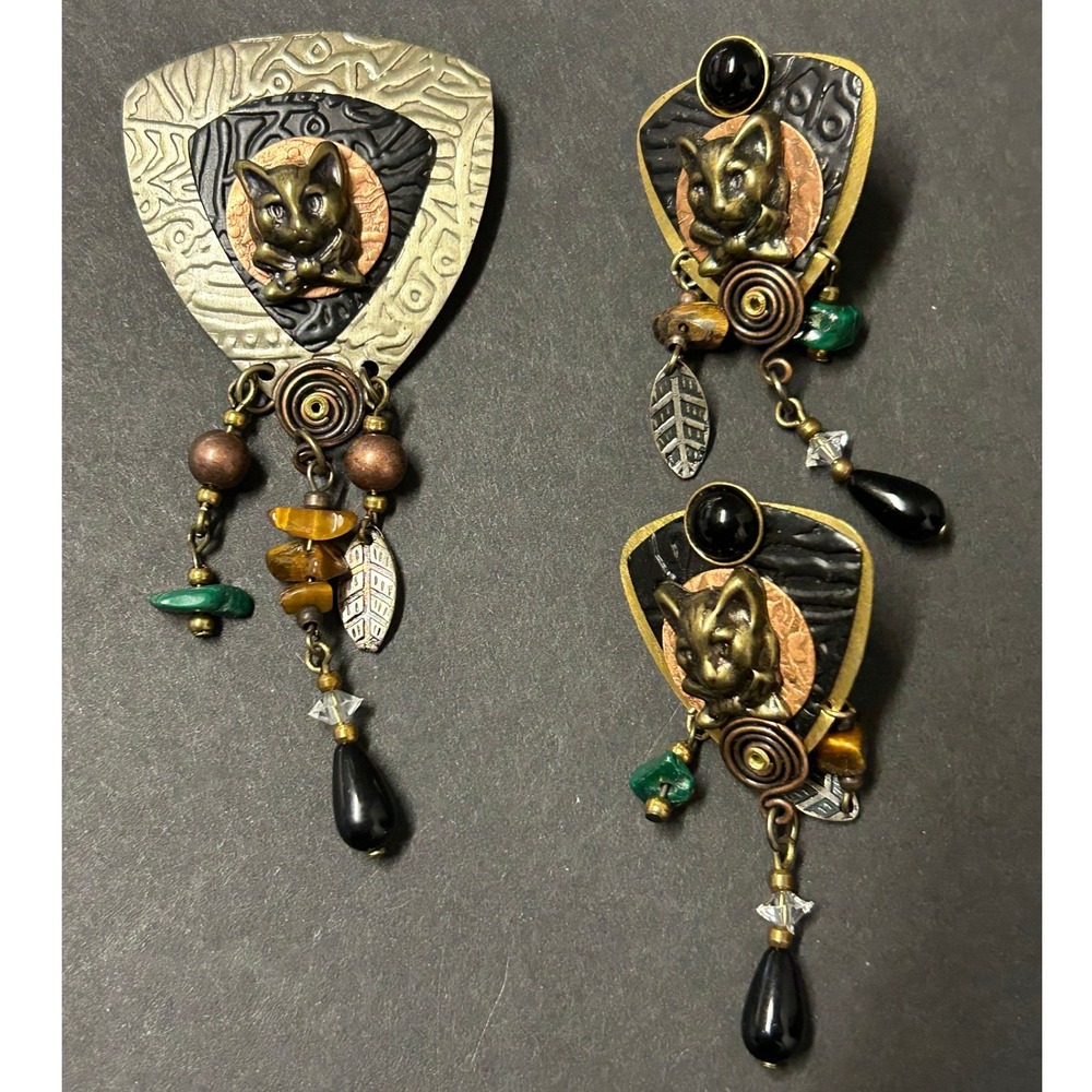 Whimsical Cat Brooch Earrings Set Gemstone Gold Black Mixed Media Modern Boho